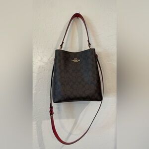 Coach Brown Signature Canvas Bucket Bag with Red Trim